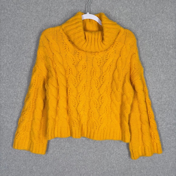 SUN + MOON Sweaters - SUN MOON Cable Knit Turtleneck Sweater XS Mustard Marigold Crop Cozy Flare Bell
